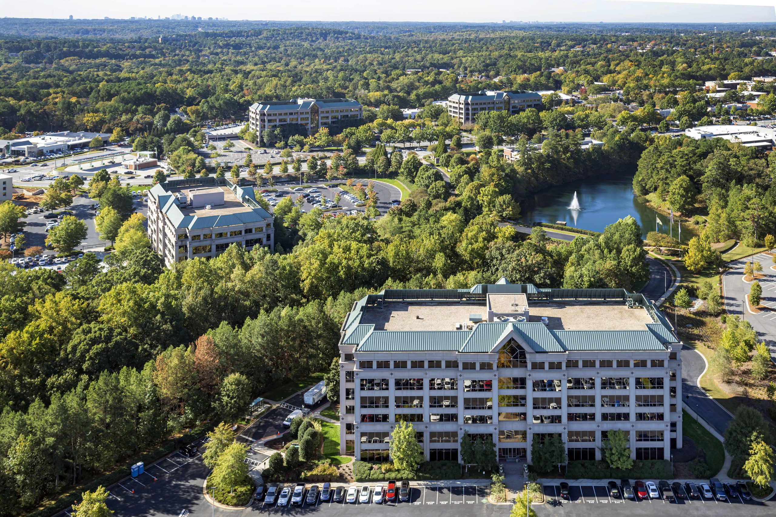Aerial view of Mansell Overlook with the pond and fountain