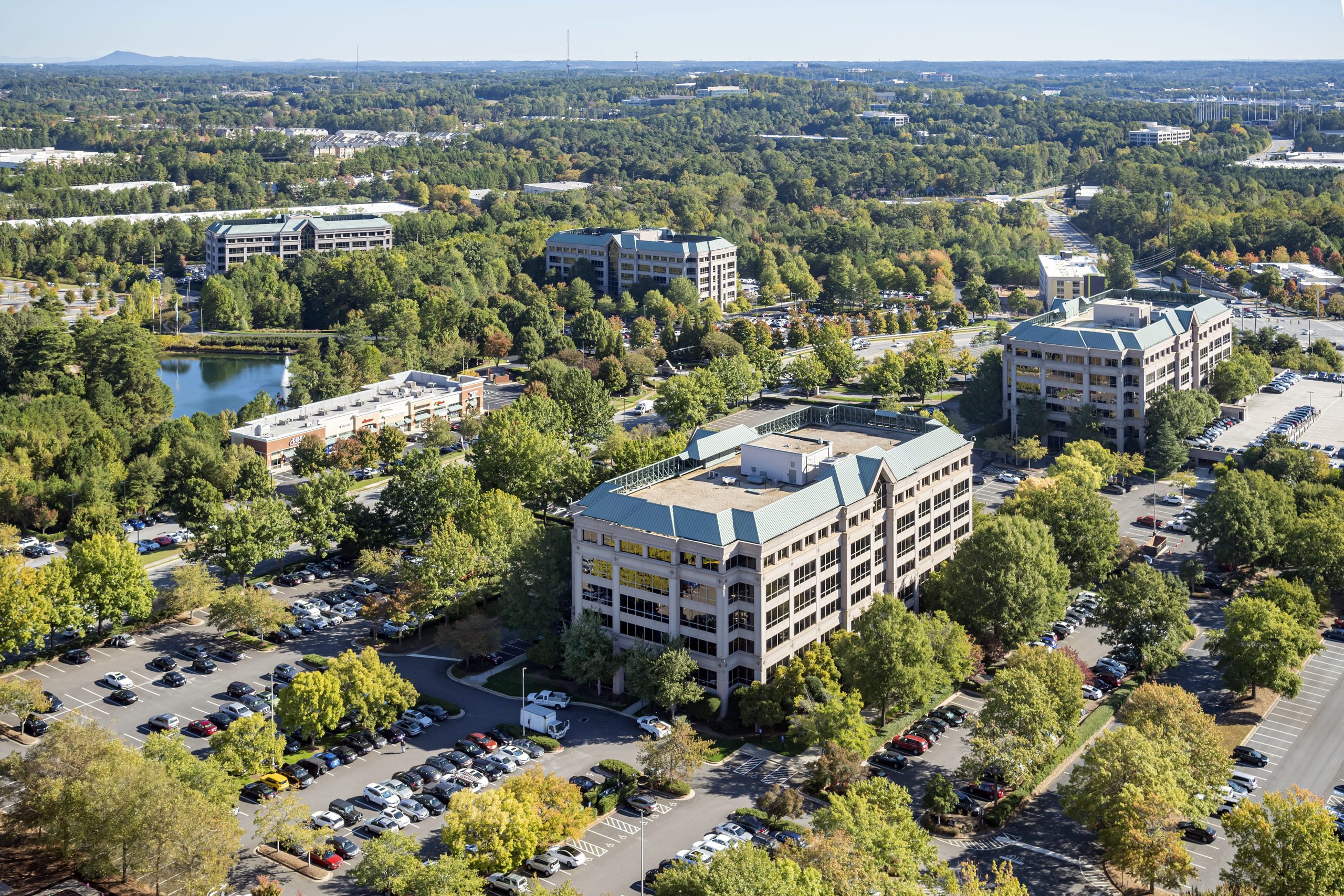 Aerial view of the Mansell Overlook campus in fall