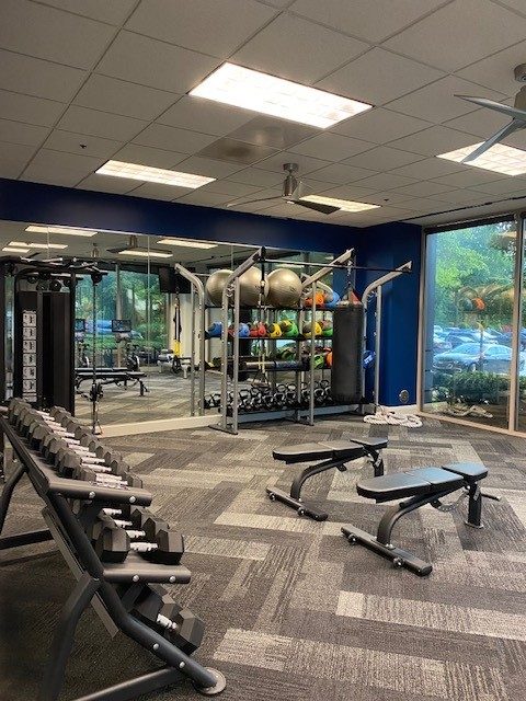 Fitness center free weights and benches