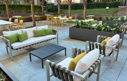 Outdoor patio lounge seating at Mansell Overlook