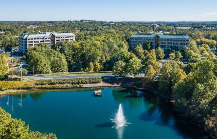 Aerial view of the pond and fountain near Mansell Overlook